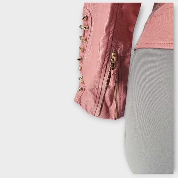 SX Honey Pot Spiked Jacket Womens S Faux Leather Baby Pink Belted Punk Moto NWT - Picture 5 of 10